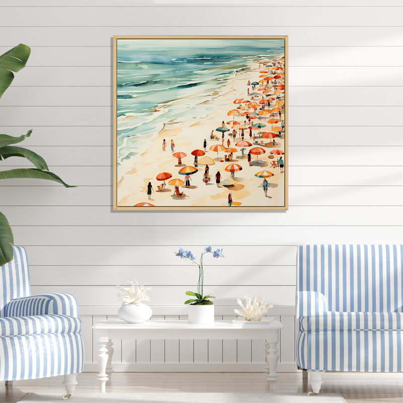 Beach Day Umbrella Parade IV - Beach People, art mural, Cadre flottant brun, 16" H x 16" W