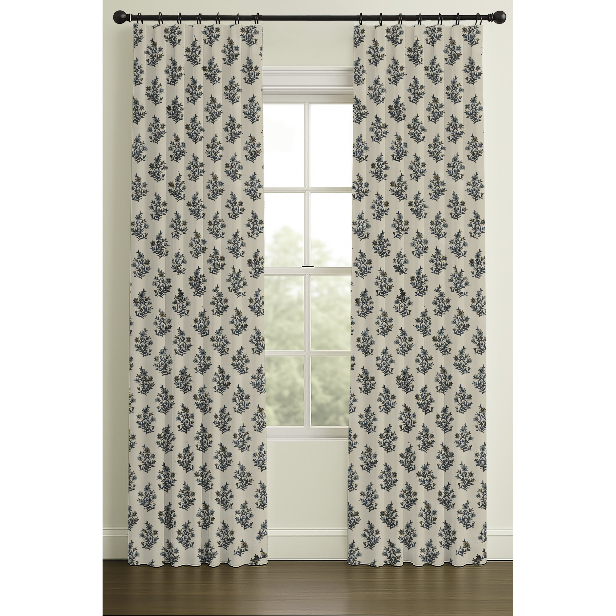Inverted Pleat Double Lining Floral Block Print, Blue, 33" W x 84" L
