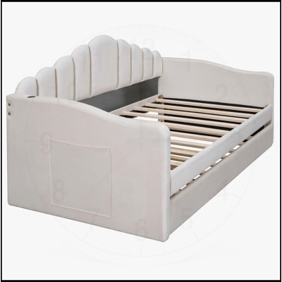Twin Size Velvet Upholstered Daybed with Trundle and USB Charging, No Box-Spring Needed,