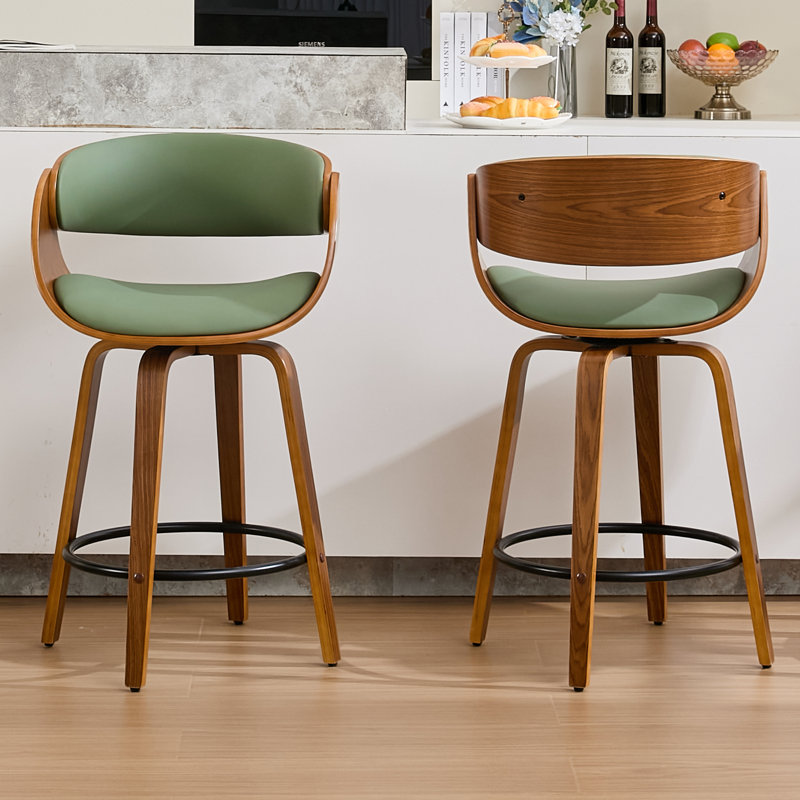 Tabourets pivotants modernes en similicuir de 26 po, tabourets de comptoir en bois avec accoudoirs et repose-pieds, Vert