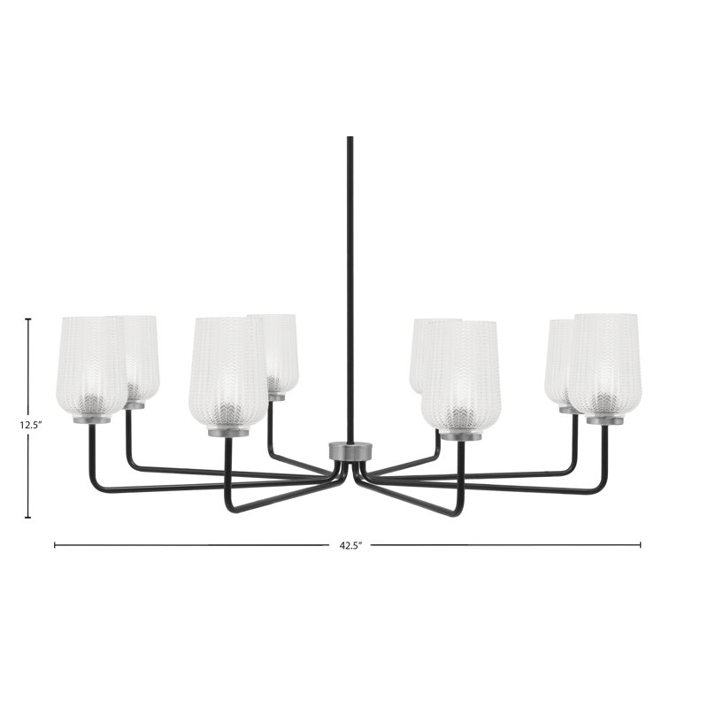 Lustre 8 lumières Amarmula, noir mat et finition graphite, verre texturé transparent de 5 po, Clair, Noir / nickel