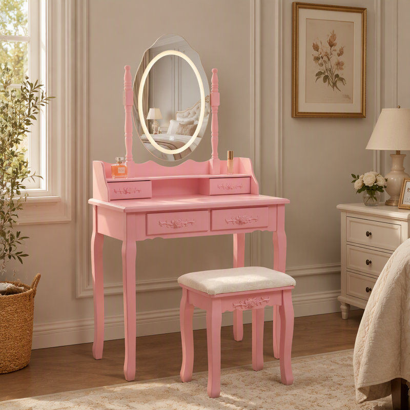 Ensemble de coiffeuse rose princesse avec miroir lumineux DEL, rangement à 4 tiroirs et tabouret rembourré pour chambres de filles