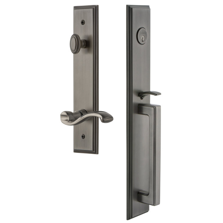 Grandeur      Carre Satin Nickel 1-Piece Dummy Door Handleset with D Grip and Portofino Lever
