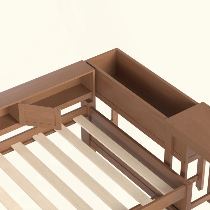 Lit de jour avec couchette, cadre de lit de jour en bois avec tiroirs de rangement, tablettes latérales et bureau, Lit simple