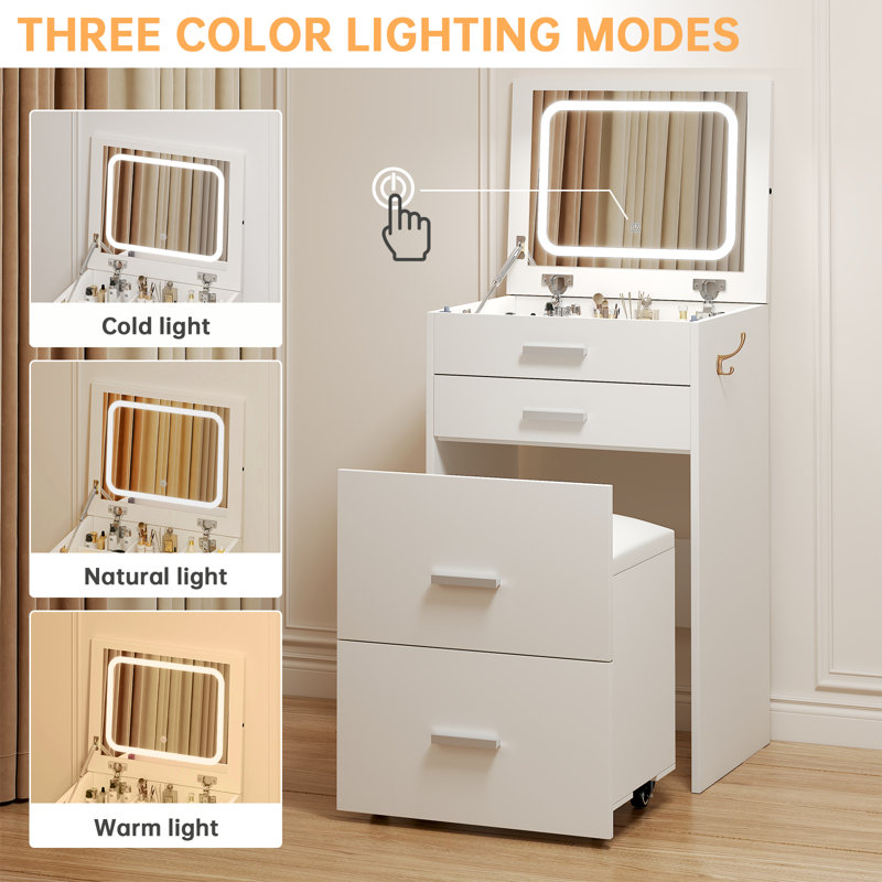 3 In 1 Vanity Desk With Flip Top Mirror And Lights, White