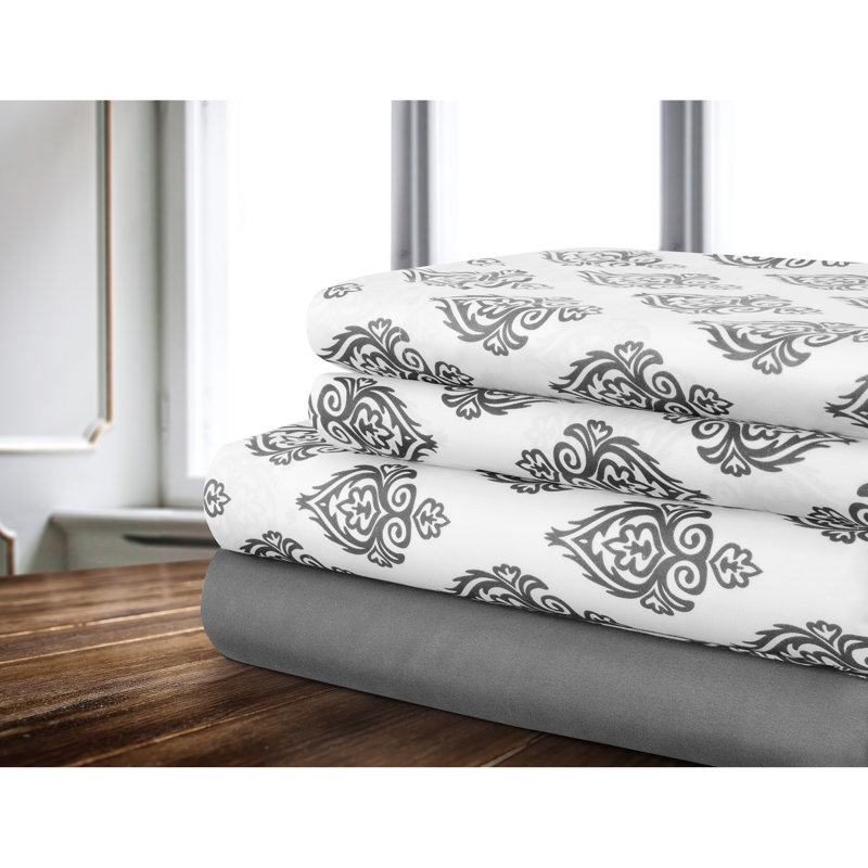 Microfiber Damask Fitted Sheet, Gray, King Sheet Set + 1 Fitted Sheet + 2 Pillowcases