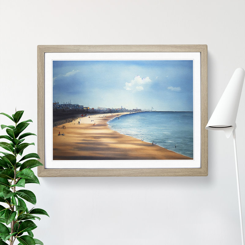 Beach In Watercolour Vol.2 - Single Picture Frame Painting, 34cm H x 46cm W x 2cm D, Oak