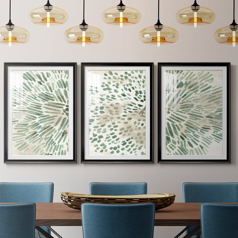 Têtes de fleurs vertes I - reproduction sur mesure encadrée de qualité supérieure - 3 pièces, H 39 po x l 81 po, Noir