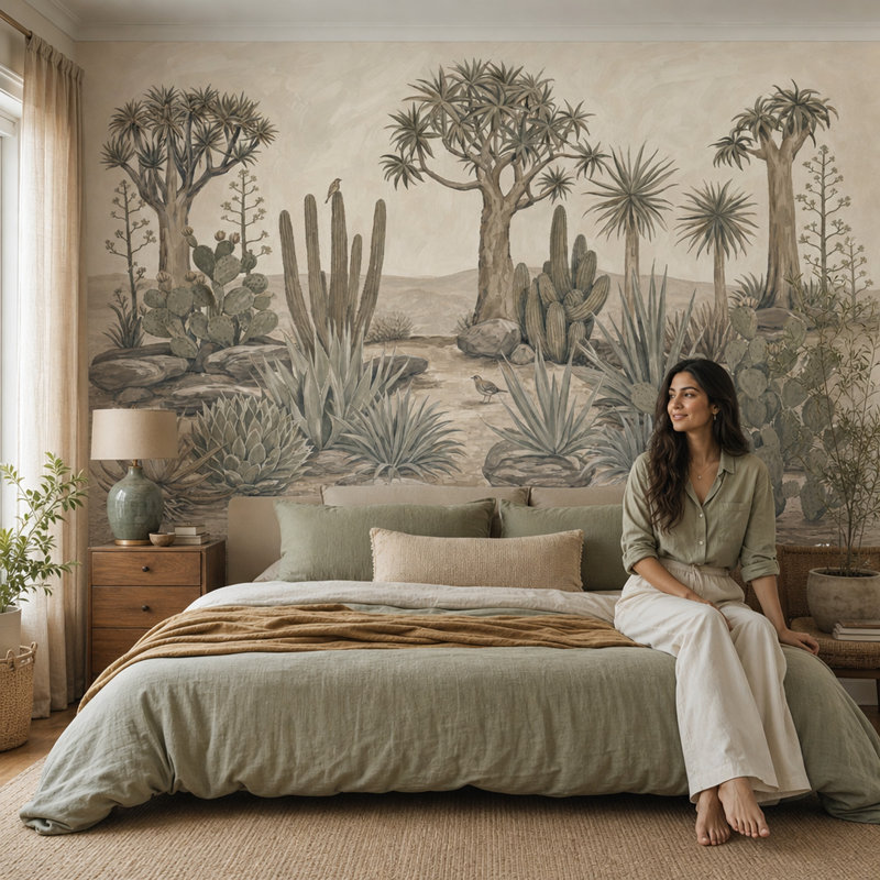 Désert, paysage, papier peint, cactus, illustration rétro, décoration murale amovible, 100 po x 96 po, Texturé non collé