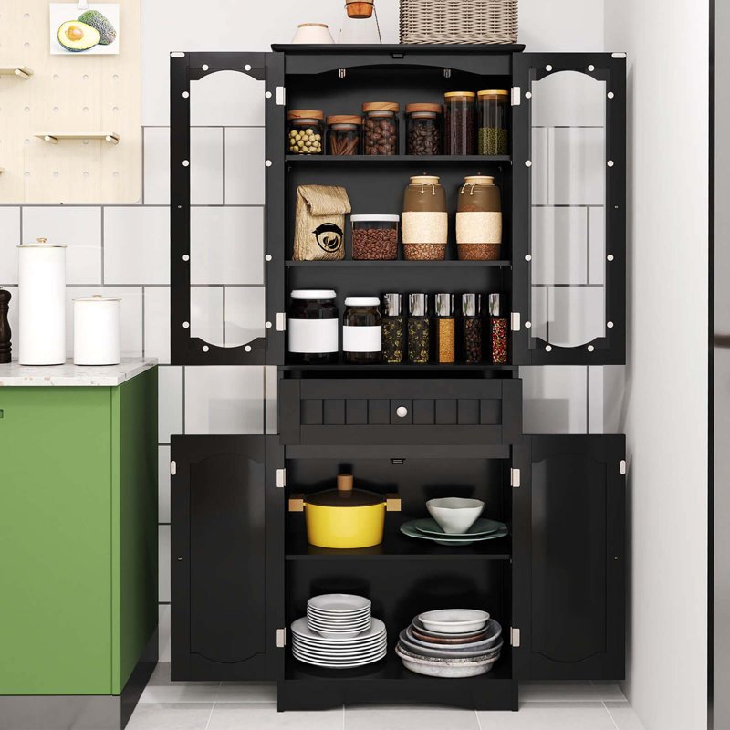63" Tall Bathroom Cabinet with Tempered Glass Doors Adjustable Shelves Large Drawer, Black