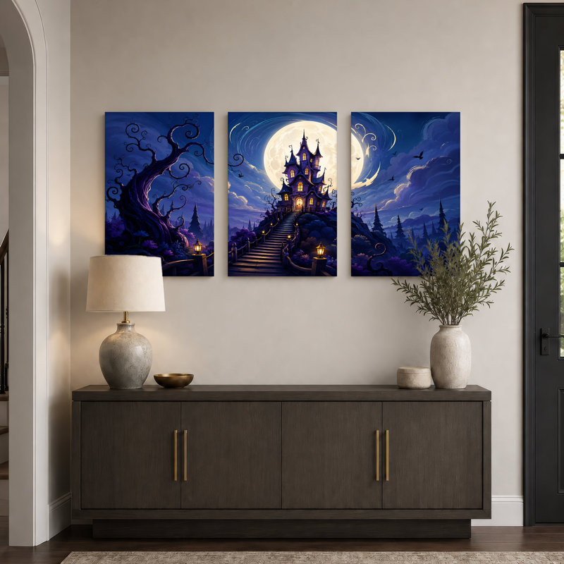 Château hanté sous la pleine lune avec Halloween - Ensemble de 3 toiles murales, H 36 po x l 24 po x 3 pièces
