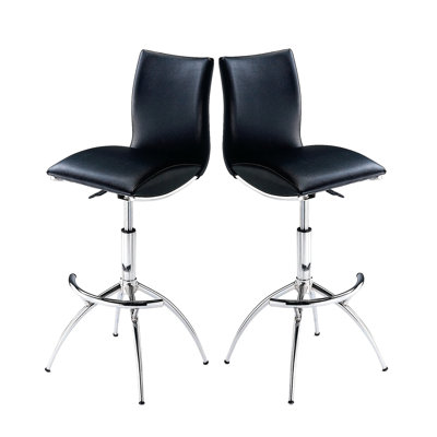 Contemporary Bar Stools Of 2, Black Pu Cover, Base, Adjustable Height 26"-30", Foam Padding For Comfort Swivel (2 Pieces), Upholstery, Frame, High Density Seat, 26"-30"