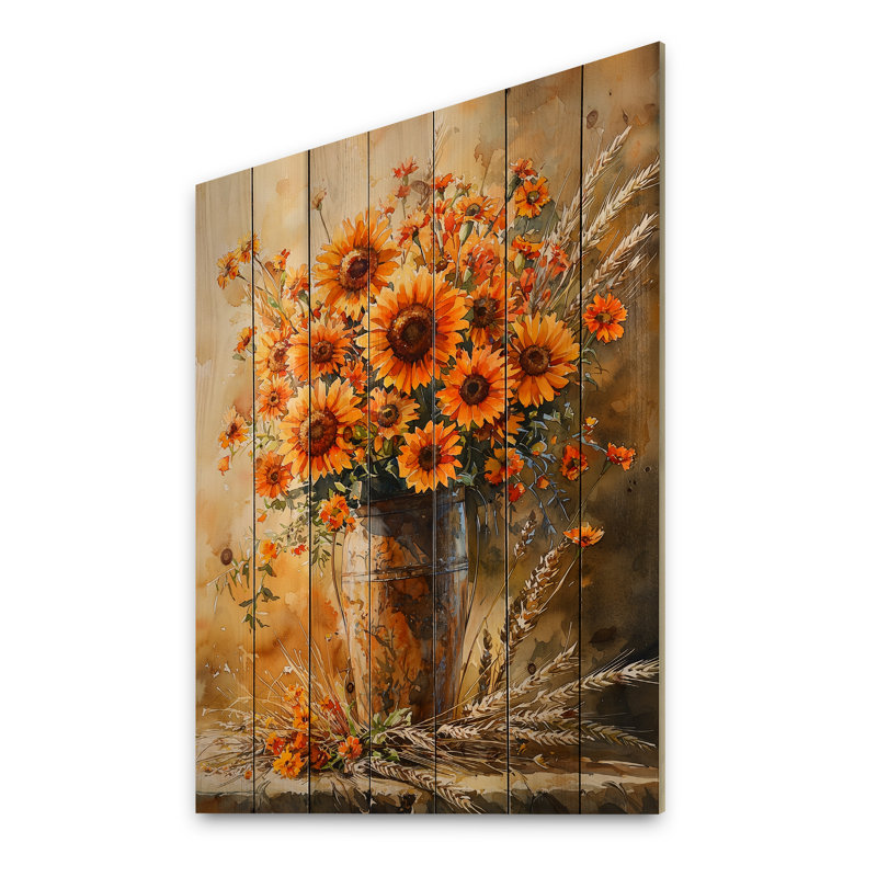 Golden Hour Harvest Blooms I - Impression sur bois de tournesols - sur bois de pin naturel, H 32 po x l 24 po x P 0,78 po