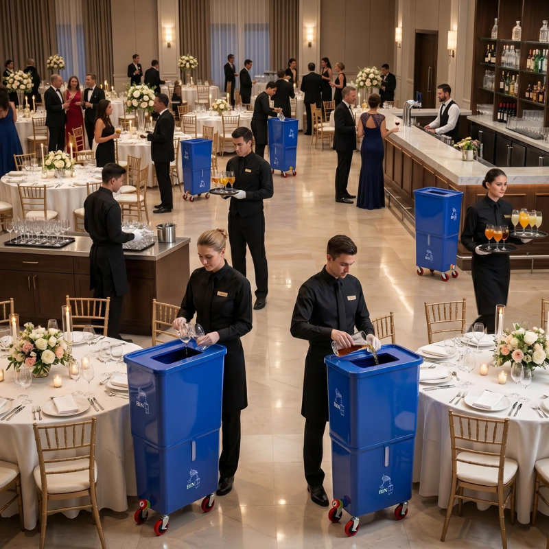 Bac à déchets de boissons commercial (paquet de 12, bleu) – Station de vidange à deux compartiments avec roues verrouillables pour bars, restaurants, traiteurs et événements
