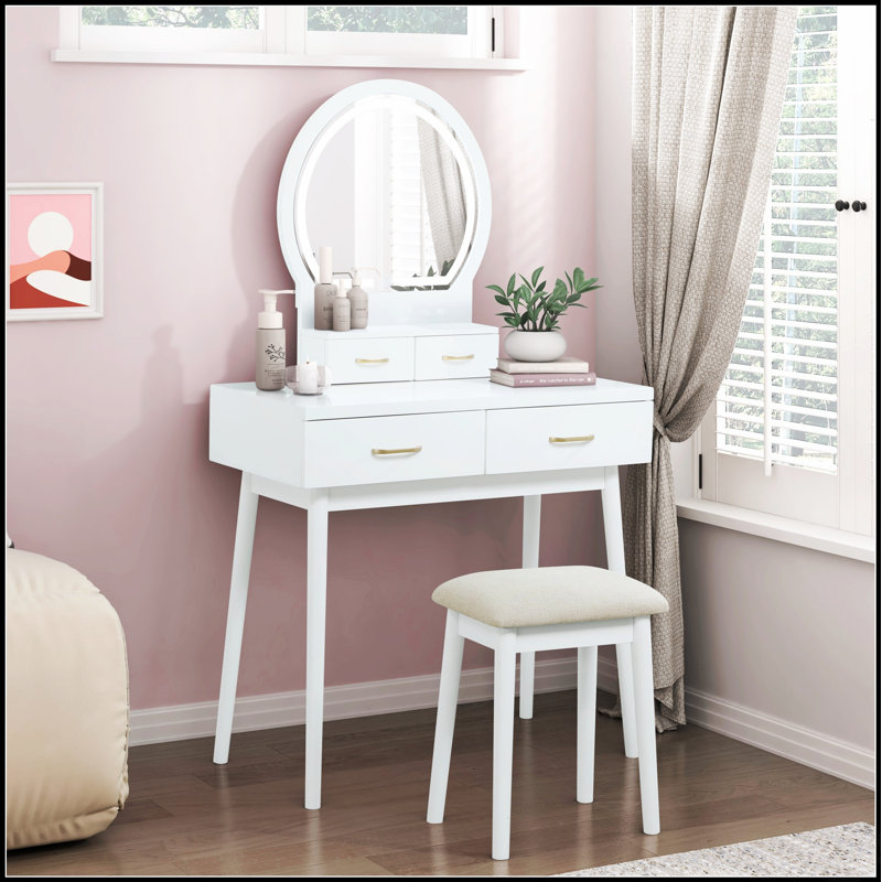 Luxurious Vanity Dresser With LED Mirror And Stool, Ample Storage Drawers For Elegant And Organized Beauty Routines, White