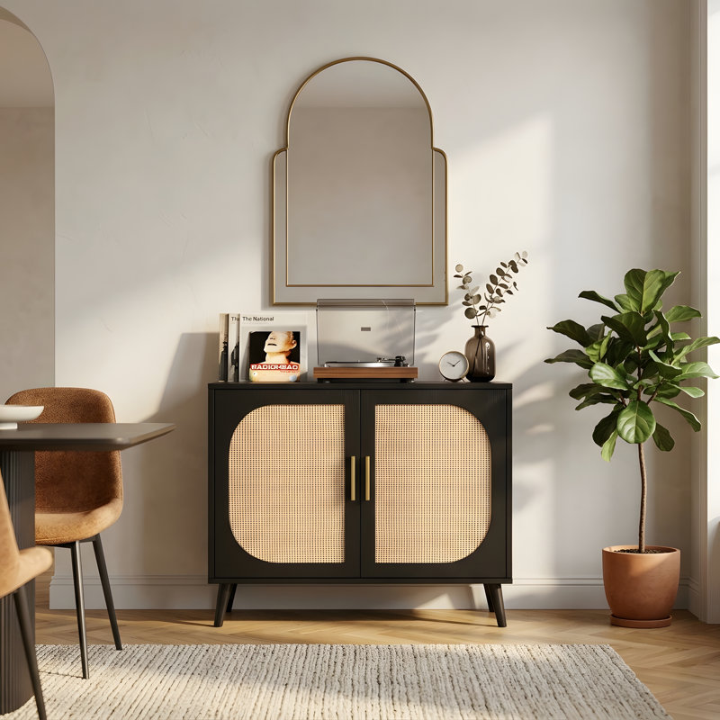 Buffet avec rangement, meuble bas de salle de bain à deux portes et quatre compartiments, buffet avec pattes en bois massif pour couloir, entrée ou salon, noir