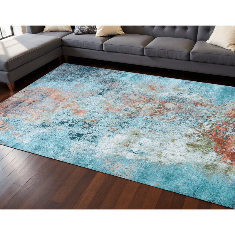 Tapis bleu turquoise et bronze noué à la main 8 pi x 10 pi