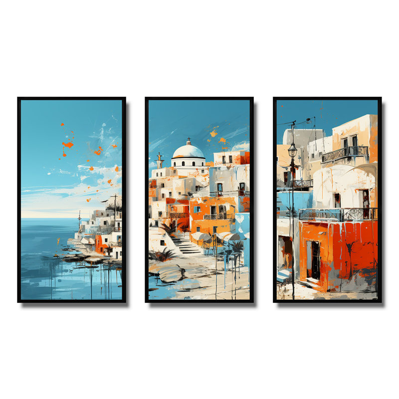 Paysage coloré de la Grèce de Santorin II - Santorini, art mural, Cadre flottant noir, H 40 po x l 61 po x P 1 po