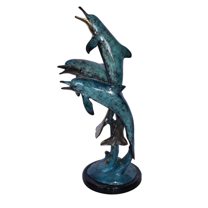 Statue de trois dauphins sautant sur l'océan en bronze 12 po x 12 po x H 25 po.