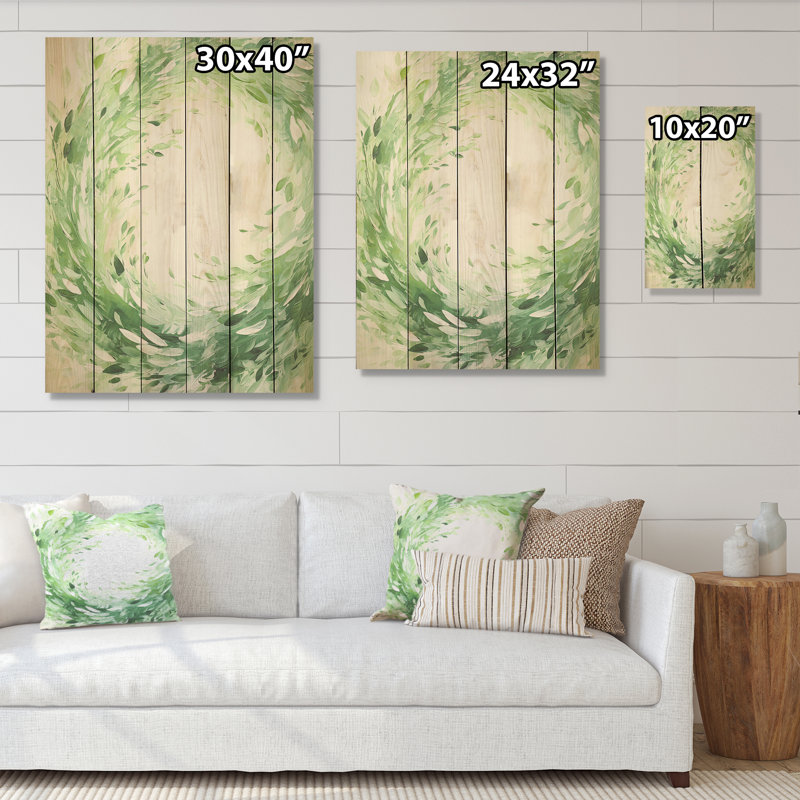 «Verdant Green Wreaths Whirl» - panneau mural en bois sur bois de pin naturel, H 32 po x l 24 po