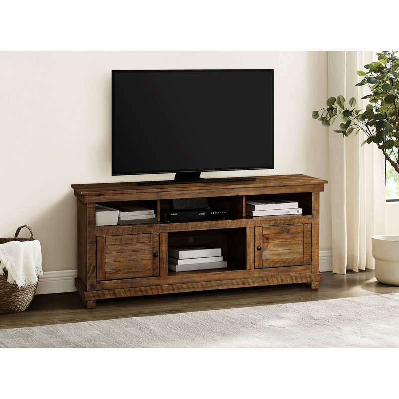 Meuble télé brun vieilli en design, six compartiments pour l'organisation de matériel multimédia et d'accessoires de jeux, support moderne, deux tablettes, approche de l'espace de vie principal