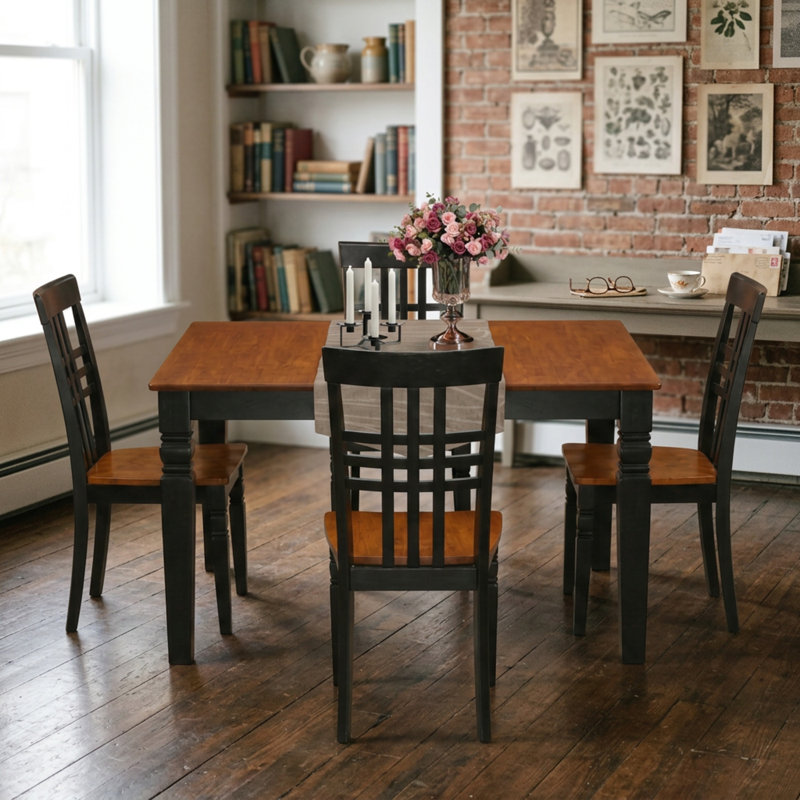 Two Tone Buttermilk And Cherry Solid Wood Rectangular Dining Table Set With Self Storage Extendable Leaf
