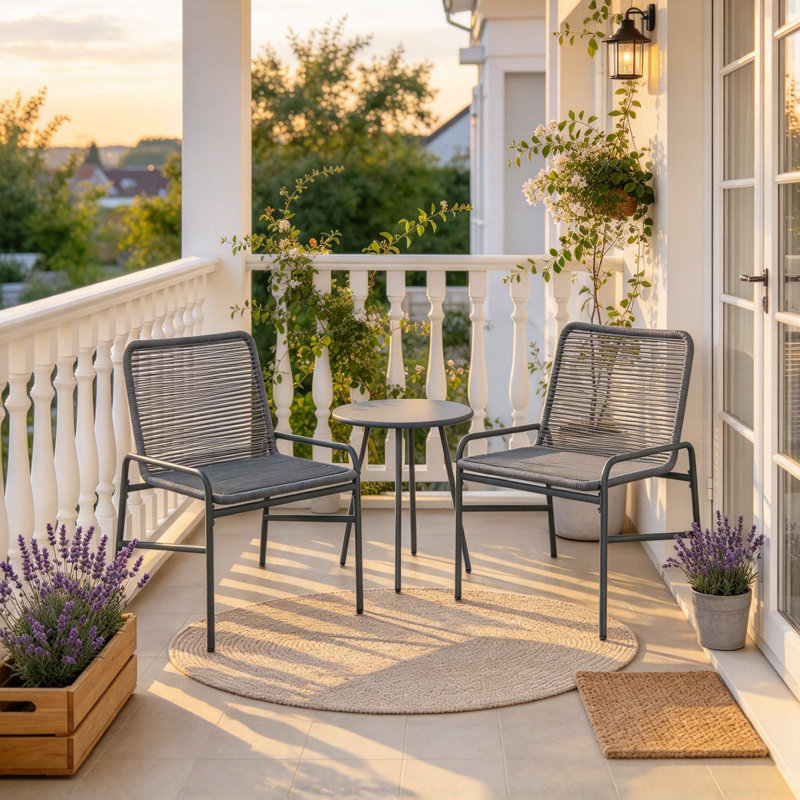3 Piece Rattan Bistro Set, Outdoor Garden Furniture Set with 2 Chairs, Round Coffee Table for Patio, Balcony, Dark Grey