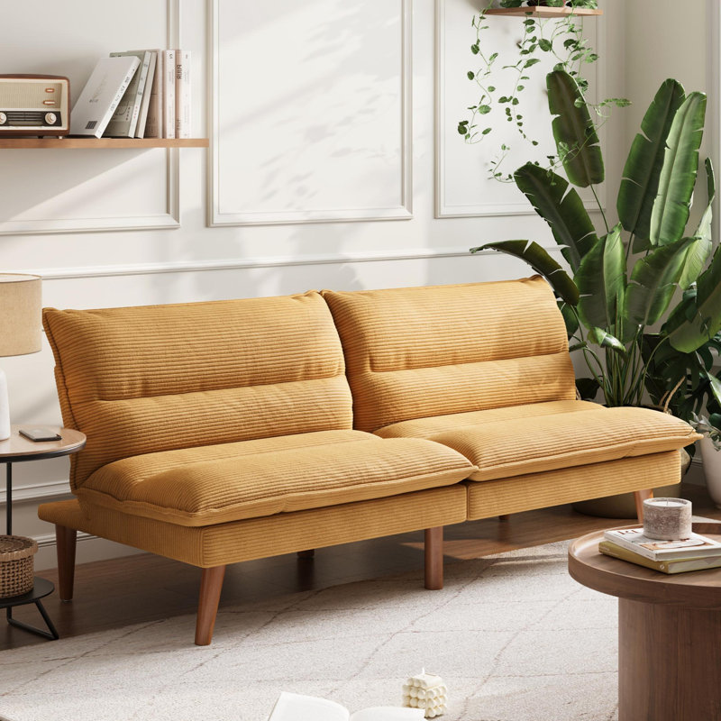  Torrence 71'' Upholstered Channel Tufted Corduroy Convertible Futon, Yellow Corduroy