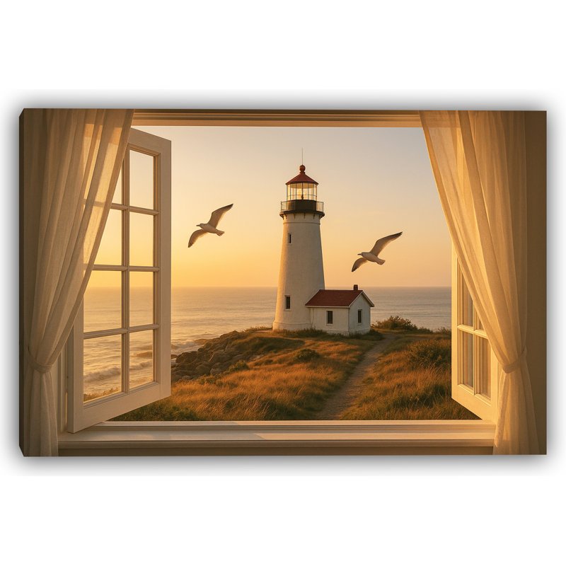 Beacon of the Morning Coastal Lighthouse View - Tranquil Sunset, art mural sur toile tendue