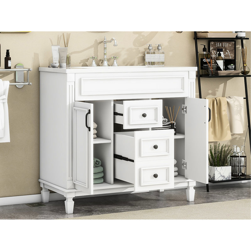 Meuble-lavabo de 36 po avec lavabo - armoire moderne blanche 2 portes et tiroirs à fermeture douce fonctionnels et attrayants