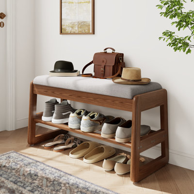 Solid wood shoe benches, leather or linen seat, double-tiered shelf design, flip-up storage
