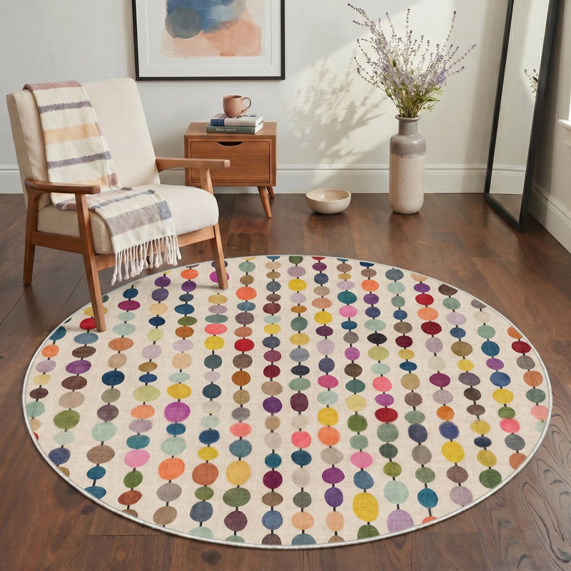 Evoque Modern Machine Washable Beige Indoor Area Rug with Non-Slip Backing, Round 5', Ivory