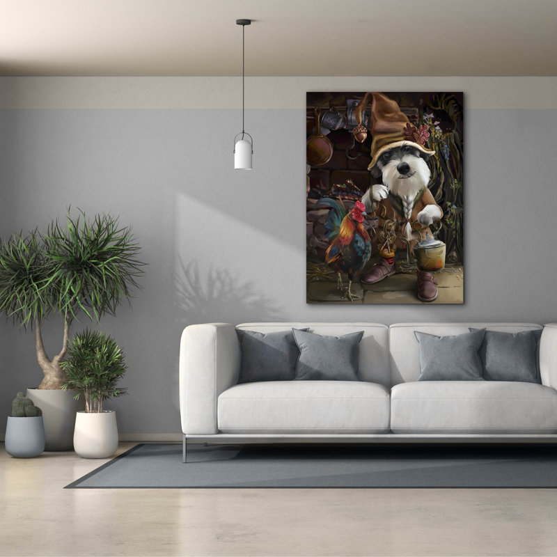 «Un chien dans un vêtement rétro et son coq» par Kajenna, art mural sur toile 40 po x 54 po