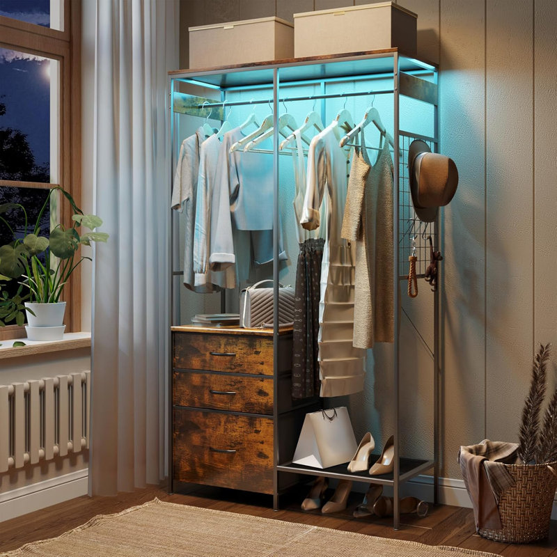 62” Clothes Rack With 3 Drawers, Multi-Function LED Light Hanging Rack With Drawers