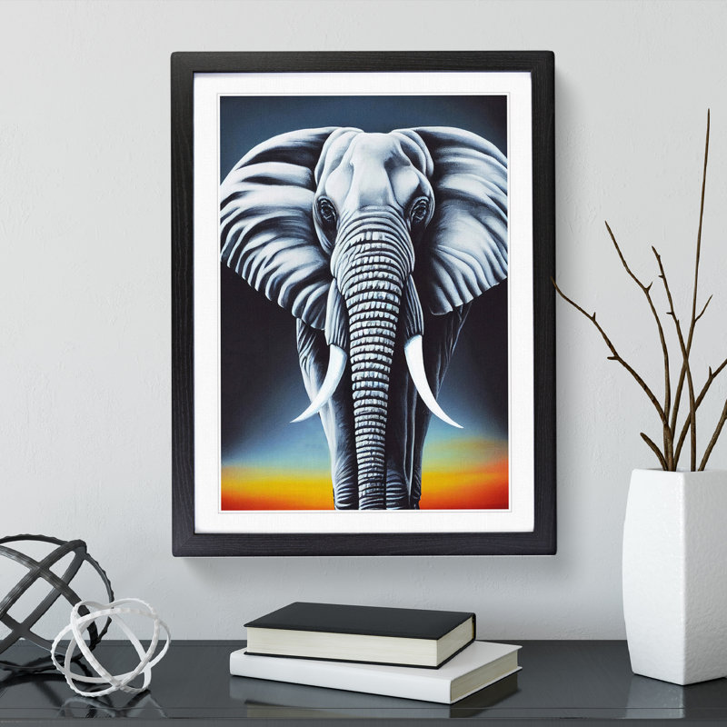Elephant At Sunset - Single Picture Frame Print, Black Framed, 64cm H x 46cm W x 2cm D