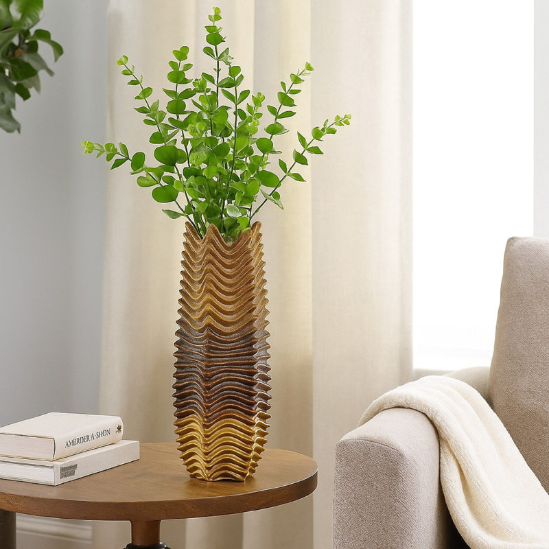 Vase décoratif, brun, motif ondulé en céramique grise, 20 pouces