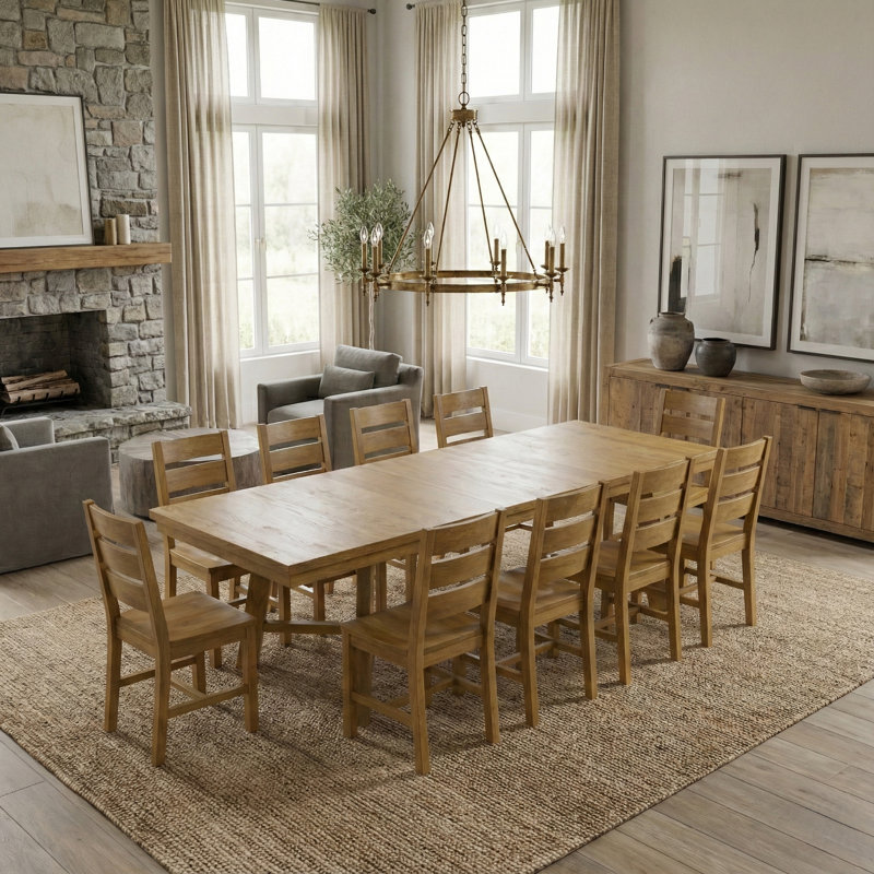 Ensemble de table de salle à manger Alderon, Bois jaune clair, 11 pièces: table, 10 chaises