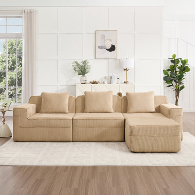 Canapé modulaire modulaire 3 places en forme de L sans os, canapé modulaire Cloud avec assise profonde, canapé modulaire moderne 3 places avec coussins décoratifs et 1 repose-pieds mobile, tissu velours côtelé