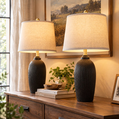 24" Ribbed Ceramic Table Lamps, Set of 2 with Natural Linen Shades & LED Bulbs Included for Bedroom and Living Room