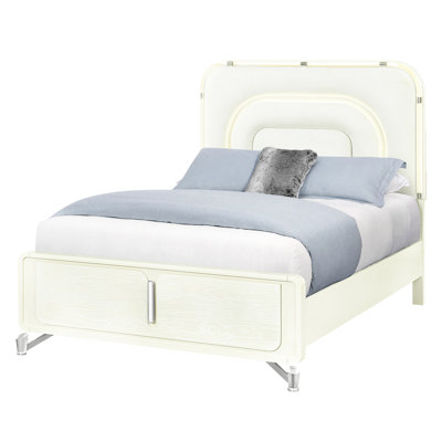 Grand lit à panneau beige avec tête de lit à DEL, style moderne, sommier tapissier requis, pieds géométriques, coins arrondis, bois massif et fabrication, revêtement pour chambre à coucher avec design, nécessaire, rebords, rembourrage,