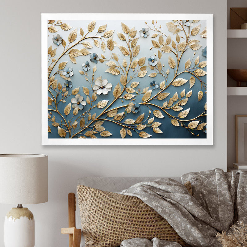 Minimalisme, mélodie botanique bleue et dorée - Art mural encadré couronne, 16" H x 32" W, Brown Floater Framed
