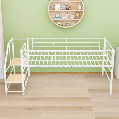 Twin Mid Loft Bed With Integrated Storage Stairs And Guardrails