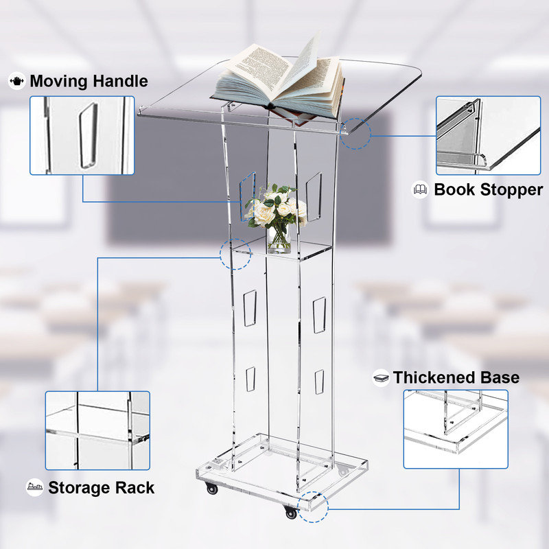 Acrylic Podium with LED Lighting, Clear Lectern Stand with Storage Shelf, Modern Presentation Stand for Church, Wedding, Conference, Classroom & Events