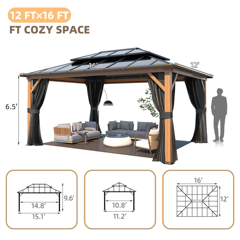 16 ft. W x 12 ft. D Solid Wood Hardtop Gazebo – Permanent Outdoor Pavilion with Double Roof, Curtains & Netting, Ideal for Garden, Lawn, or Patio