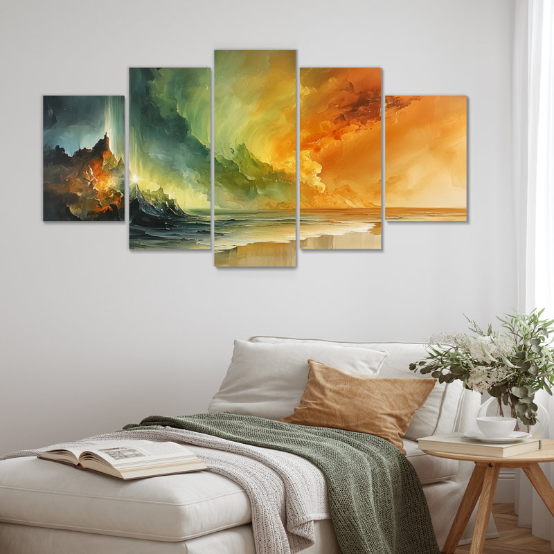 «Green and Orange Tachisme Landscape III - Tachisme», ensemble d'art sur toile