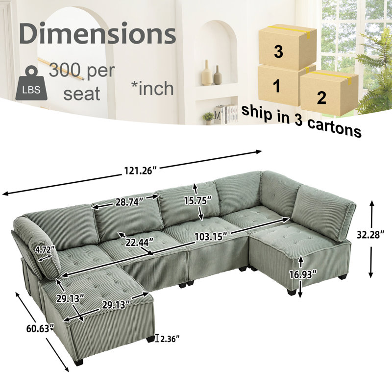 Arlynda 121.26"W Modular U-shape Sectional, RAF, LAF, Ottoman, Light Green Corduroy