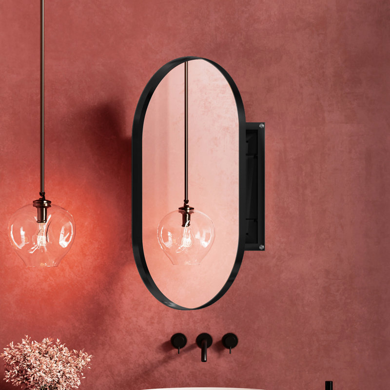 Matte Black Metal Framed Bathroom Wall Cabinet, 20X34 Inch Oval Recessed, With Mirror And Adjustable Shelves, Stylish Option Recessed Frame, Decorative Piece