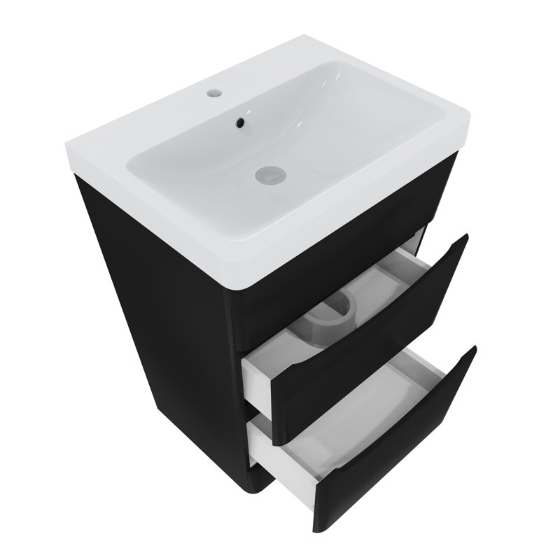 600mm 2 Drawer Floor Standing Cabinet Storage Furniture Vanity Unit & Basin Set, Black