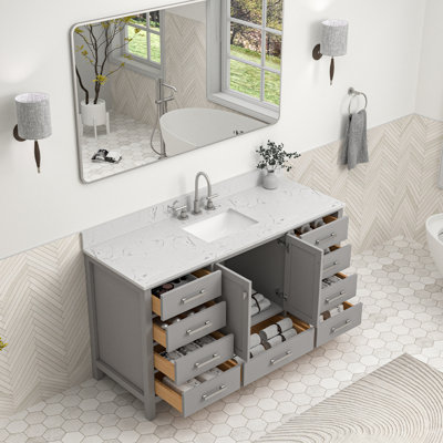 60 Inch Single Sink Freestanding Bath Vanity With Engineered Marble Top
