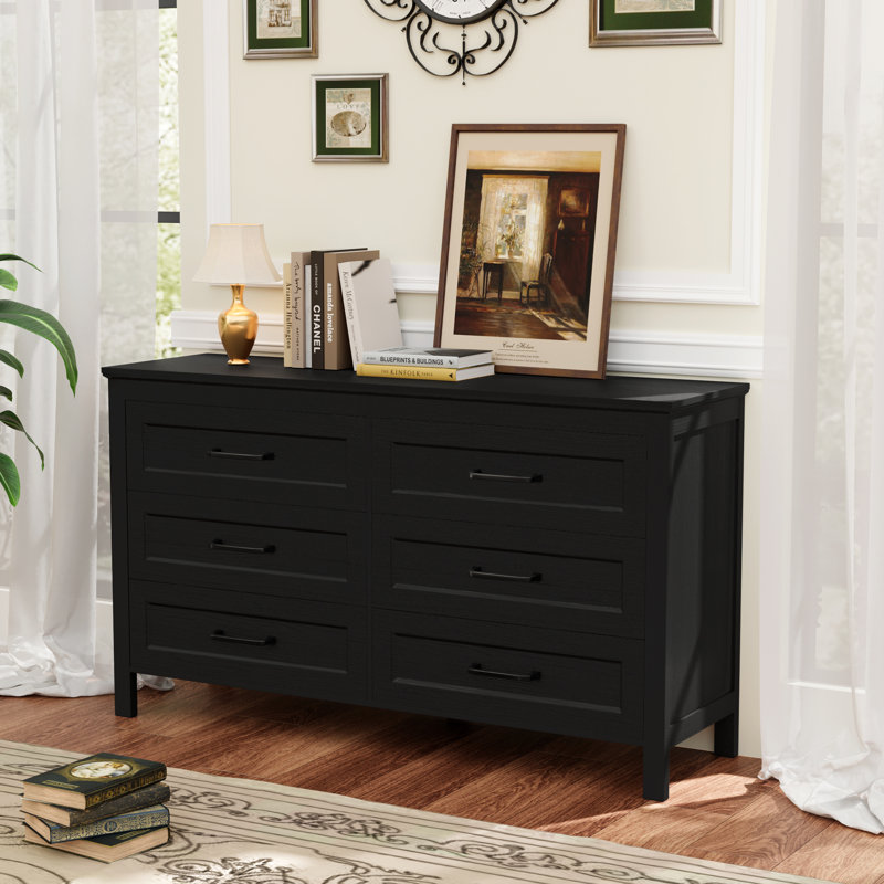 Commode à 6 tiroirs Modern Farmhouse, l 54 po avec rangement, Noir
